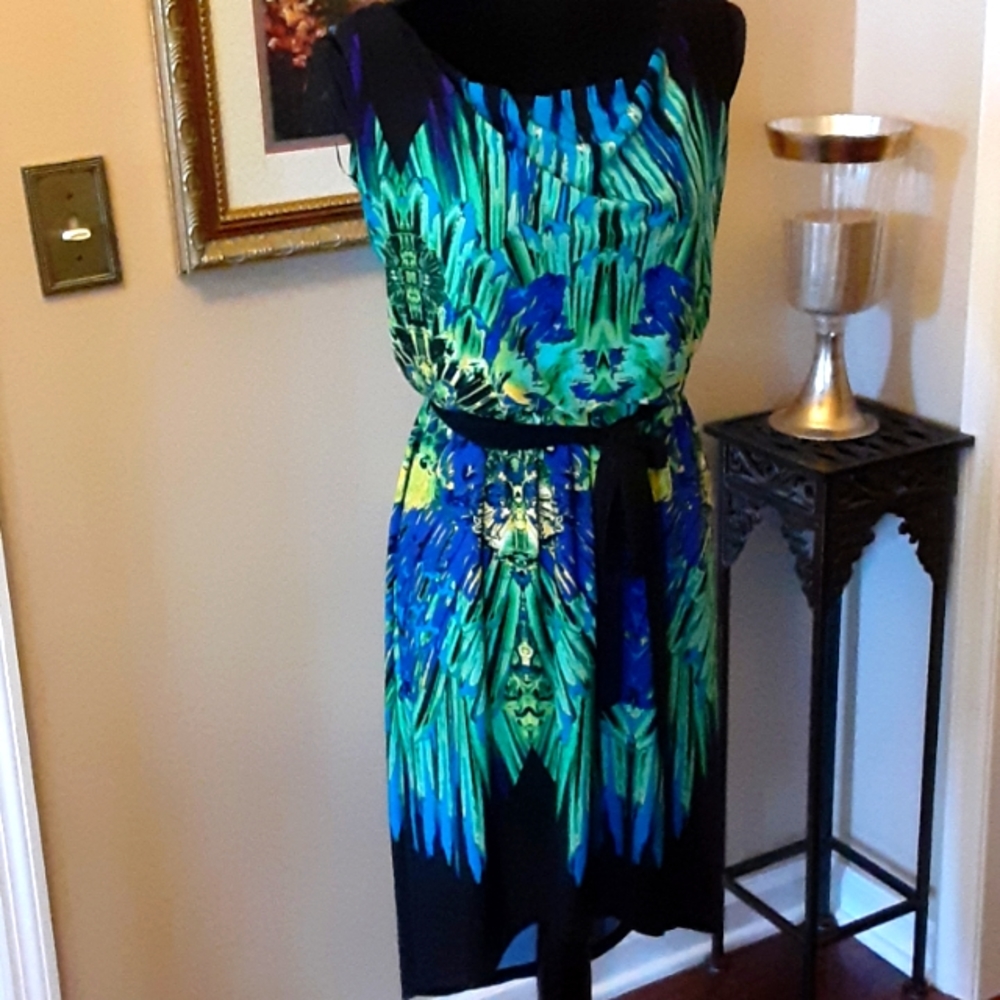 Fenn Wright Manson aqua turquoise black white print sleeveless dress sz 4 EUC…